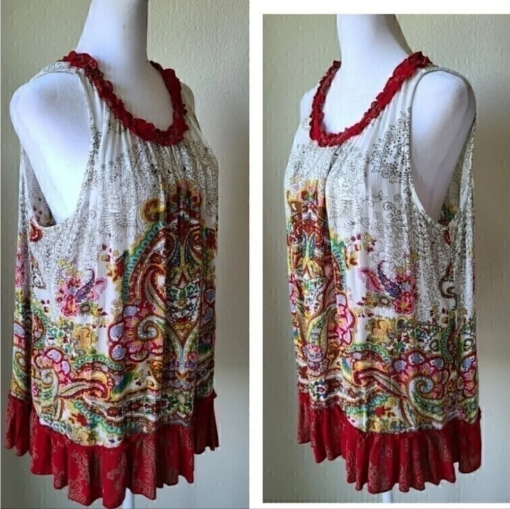 Bila Bohemian Tank Large Paisley Ruffles Scoop Neck Colorful Women's Sleeveless